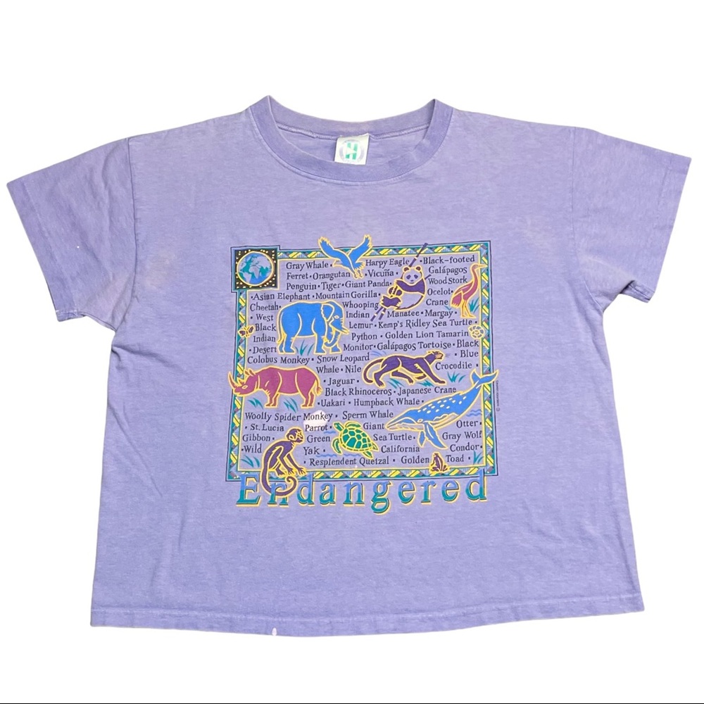 Vintage 90s Oversized Crop Top ENDANGERED ANIMALS A+ Fade sz OSFA